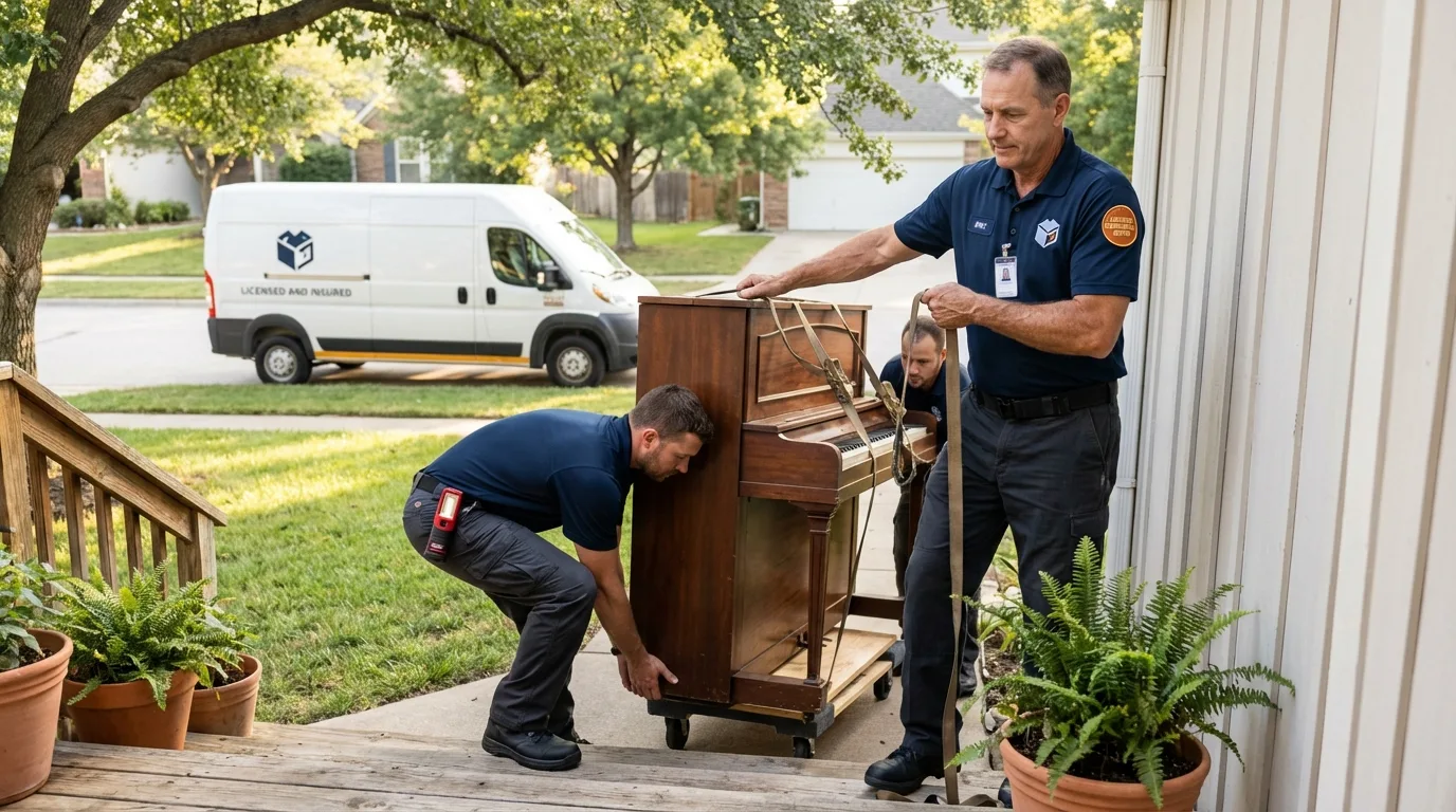 Licensed piano movers securing grand piano in Ferriday, LA