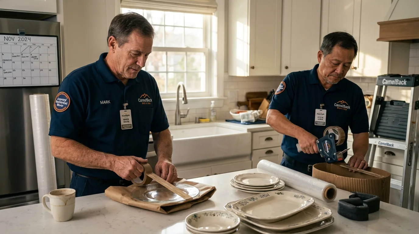 Professional crew packing kitchen dishware in Ferriday, LA